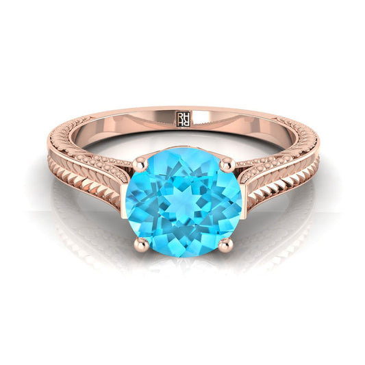 14K Rose Gold Round Brilliant Swiss Blue Topaz Hand Engraved Vintage Cathedral Style Solitaire Engagement Ring