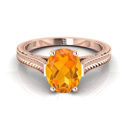 14K Rose Gold Oval Citrine Hand Engraved Vintage Cathedral Style Solitaire Engagement Ring