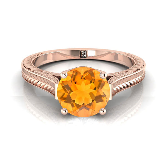 14K Rose Gold Round Brilliant Citrine Hand Engraved Vintage Cathedral Style Solitaire Engagement Ring