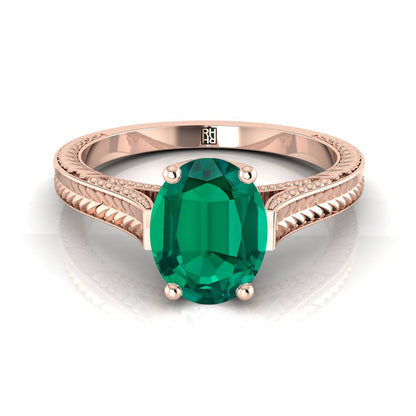 14K Rose Gold Oval Emerald Hand Engraved Vintage Cathedral Style Solitaire Engagement Ring