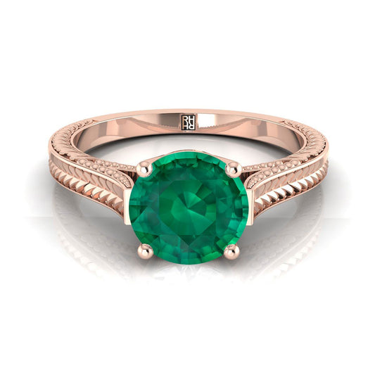 14K Rose Gold Round Brilliant Emerald Hand Engraved Vintage Cathedral Style Solitaire Engagement Ring
