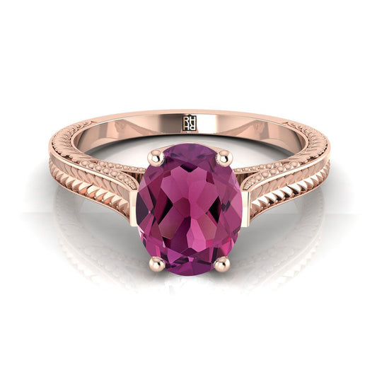14K Rose Gold Oval Garnet Hand Engraved Vintage Cathedral Style Solitaire Engagement Ring