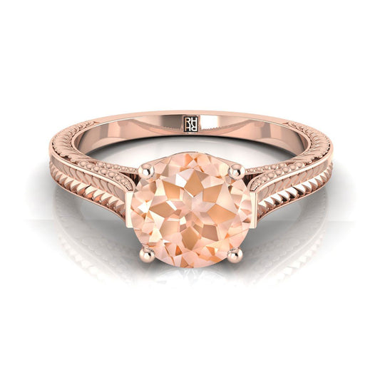 14K Rose Gold Round Brilliant Morganite Hand Engraved Vintage Cathedral Style Solitaire Engagement Ring