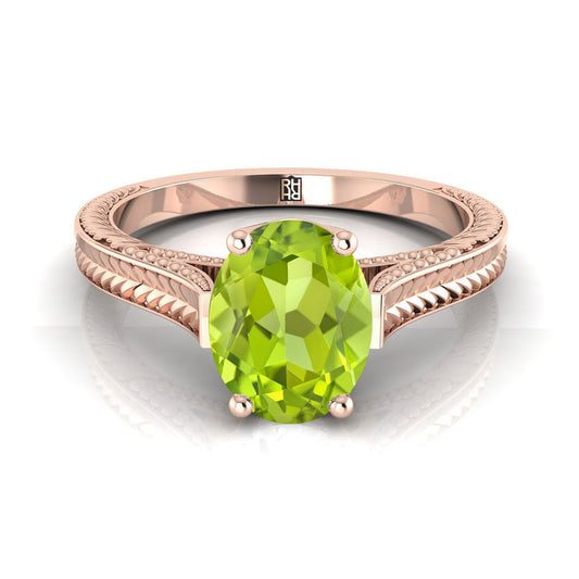 14K Rose Gold Oval Peridot Hand Engraved Vintage Cathedral Style Solitaire Engagement Ring