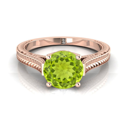 14K Rose Gold Round Brilliant Peridot Hand Engraved Vintage Cathedral Style Solitaire Engagement Ring