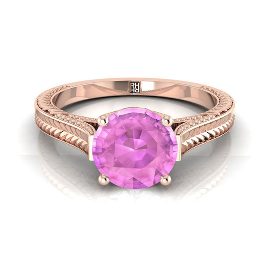 14K Rose Gold Round Brilliant Pink Sapphire Hand Engraved Vintage Cathedral Style Solitaire Engagement Ring