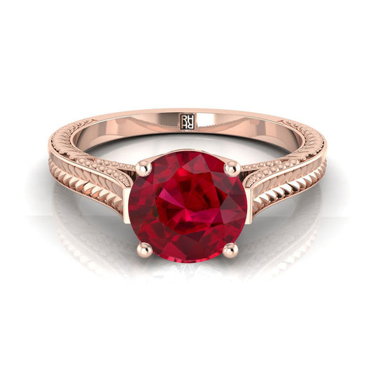 14K Rose Gold Round Brilliant Ruby Hand Engraved Vintage Cathedral Style Solitaire Engagement Ring