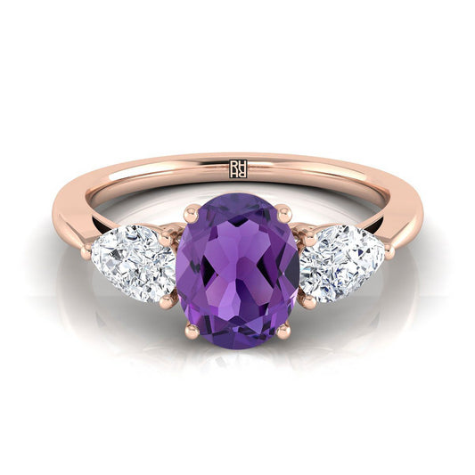 14K Rose Gold Oval Amethyst Perfectly Matched Pear Shaped Three Diamond Engagement Ring -7/8ctw