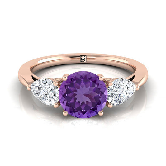 14K Rose Gold Round Brilliant Amethyst Perfectly Matched Pear Shaped Three Diamond Engagement Ring -7/8ctw