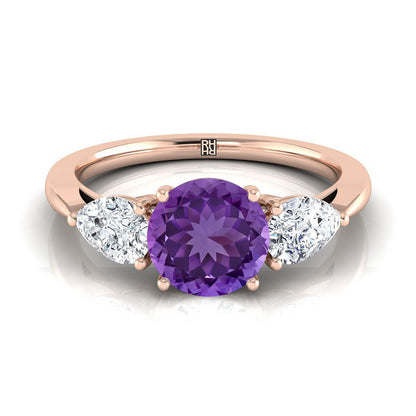 14K Rose Gold Round Brilliant Amethyst Perfectly Matched Pear Shaped Three Diamond Engagement Ring -7/8ctw