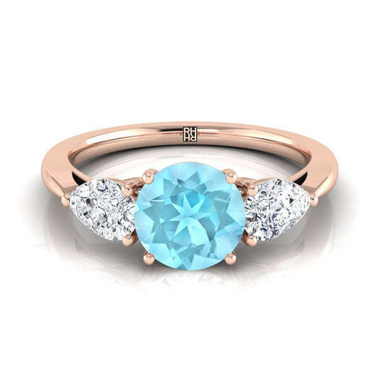 14K Rose Gold Round Brilliant Aquamarine Perfectly Matched Pear Shaped Three Diamond Engagement Ring -7/8ctw