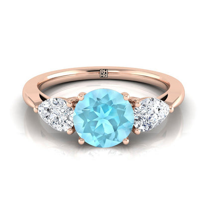 14K Rose Gold Round Brilliant Aquamarine Perfectly Matched Pear Shaped Three Diamond Engagement Ring -7/8ctw