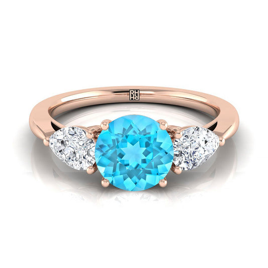 14K Rose Gold Round Brilliant Swiss Blue Topaz Perfectly Matched Pear Shaped Three Diamond Engagement Ring -7/8ctw