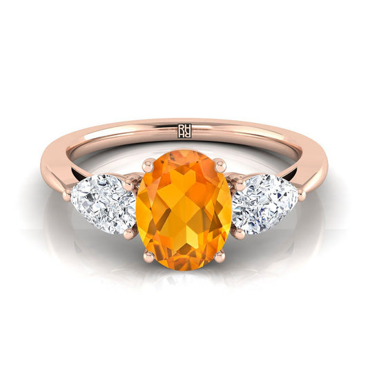 14K Rose Gold Oval Citrine Perfectly Matched Pear Shaped Three Diamond Engagement Ring -7/8ctw