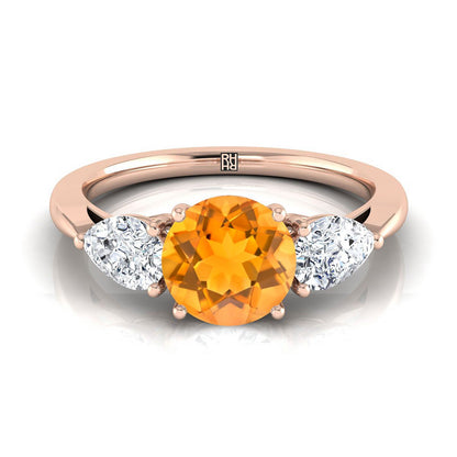 14K Rose Gold Round Brilliant Citrine Perfectly Matched Pear Shaped Three Diamond Engagement Ring -7/8ctw