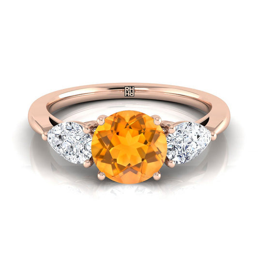 14K Rose Gold Round Brilliant Citrine Perfectly Matched Pear Shaped Three Diamond Engagement Ring -7/8ctw