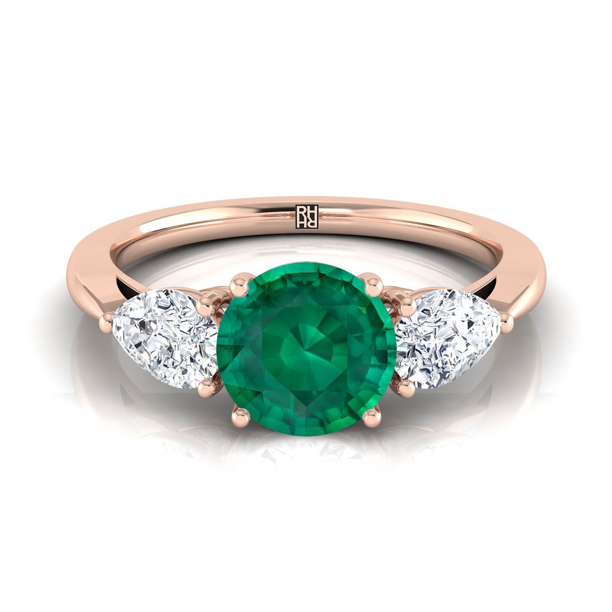 14K Rose Gold Round Brilliant Emerald Perfectly Matched Pear Shaped Three Diamond Engagement Ring -7/8ctw
