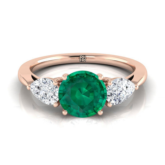 14K Rose Gold Round Brilliant Emerald Perfectly Matched Pear Shaped Three Diamond Engagement Ring -7/8ctw