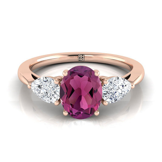 14K Rose Gold Oval Garnet Perfectly Matched Pear Shaped Three Diamond Engagement Ring -7/8ctw