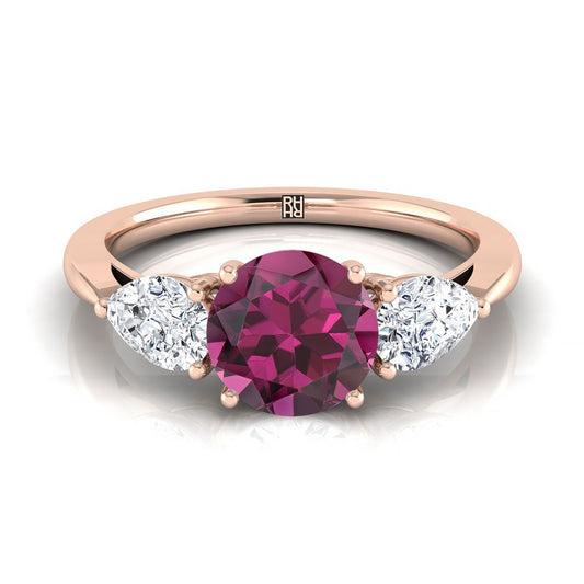14K Rose Gold Round Brilliant Garnet Perfectly Matched Pear Shaped Three Diamond Engagement Ring -7/8ctw