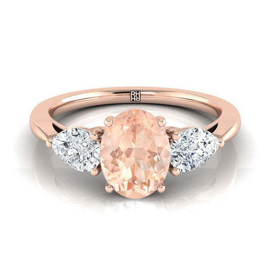 14K Rose Gold Oval Morganite Perfectly Matched Pear Shaped Three Diamond Engagement Ring -7/8ctw