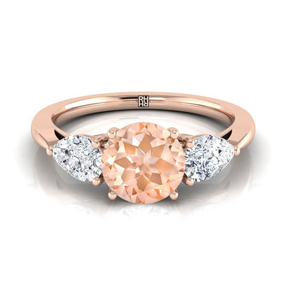 14K Rose Gold Round Brilliant Morganite Perfectly Matched Pear Shaped Three Diamond Engagement Ring -7/8ctw