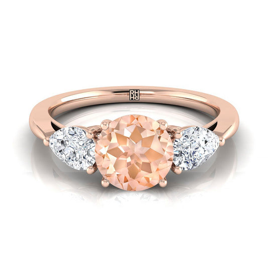 14K Rose Gold Round Brilliant Morganite Perfectly Matched Pear Shaped Three Diamond Engagement Ring -7/8ctw