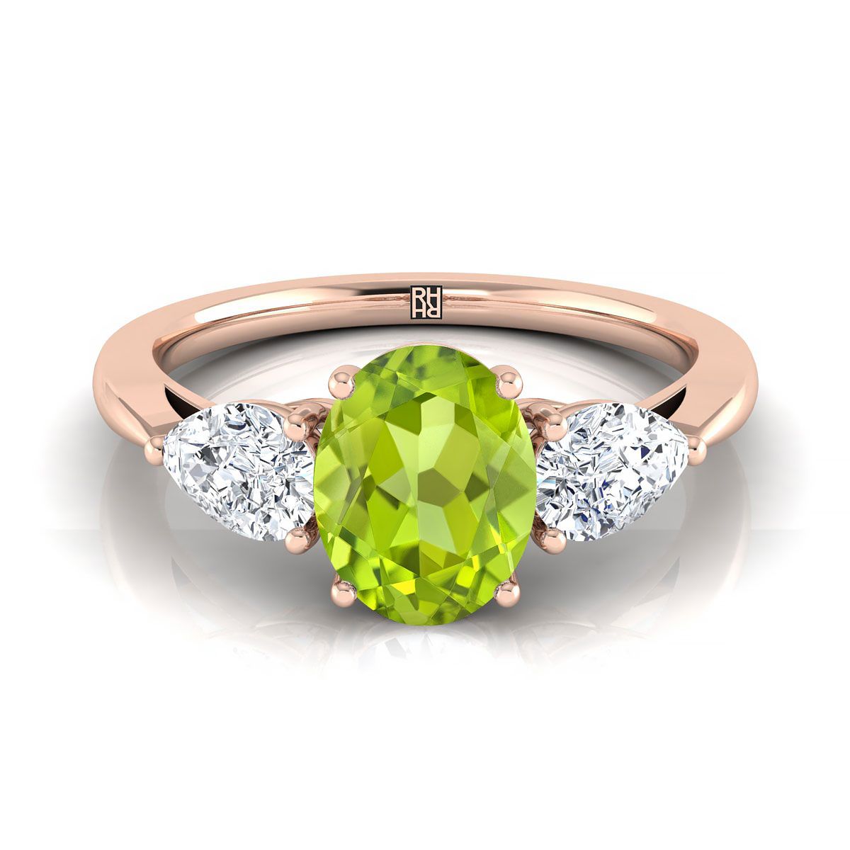 14K Rose Gold Oval Peridot Perfectly Matched Pear Shaped Three Diamond Engagement Ring -7/8ctw