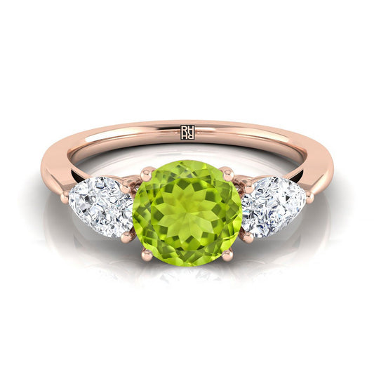 14K Rose Gold Round Brilliant Peridot Perfectly Matched Pear Shaped Three Diamond Engagement Ring -7/8ctw