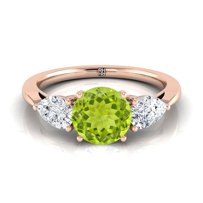 14K Rose Gold Round Brilliant Peridot Perfectly Matched Pear Shaped Three Diamond Engagement Ring -7/8ctw