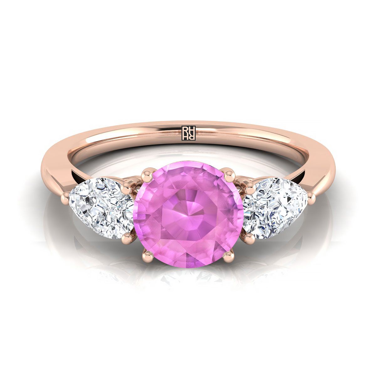 14K Rose Gold Round Brilliant Pink Sapphire Perfectly Matched Pear Shaped Three Diamond Engagement Ring -7/8ctw