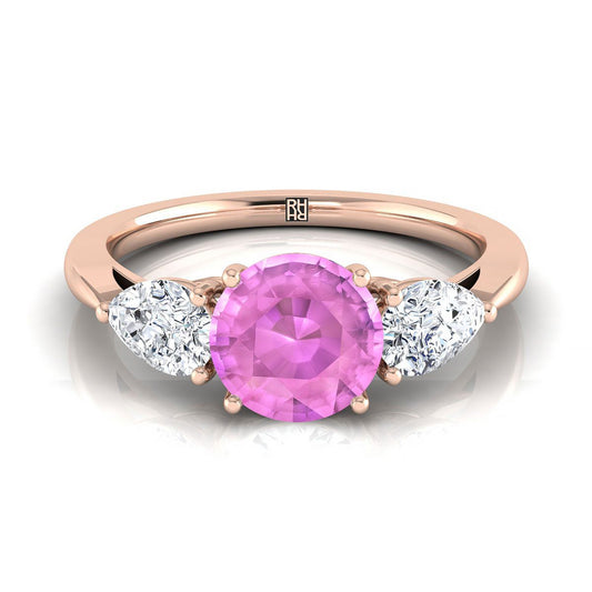 14K Rose Gold Round Brilliant Pink Sapphire Perfectly Matched Pear Shaped Three Diamond Engagement Ring -7/8ctw