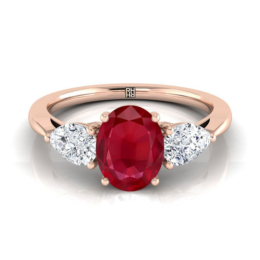 14K Rose Gold Oval Ruby Perfectly Matched Pear Shaped Three Diamond Engagement Ring -7/8ctw