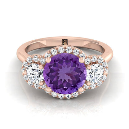 14K Rose Gold Round Brilliant Amethyst French Pave Diamond Three Stone Engagement Ring -1/2ctw