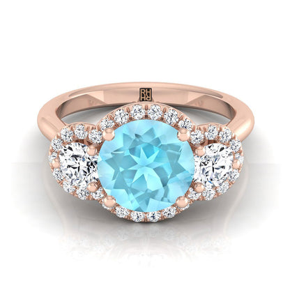 14K Rose Gold Round Brilliant Aquamarine French Pave Diamond Three Stone Engagement Ring -1/2ctw