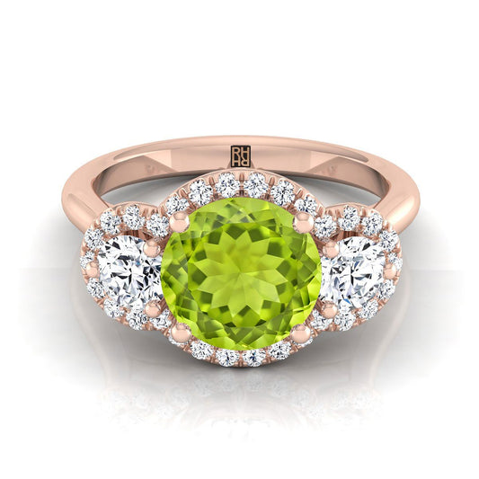 14K Rose Gold Round Brilliant Peridot French Pave Diamond Three Stone Engagement Ring -1/2ctw