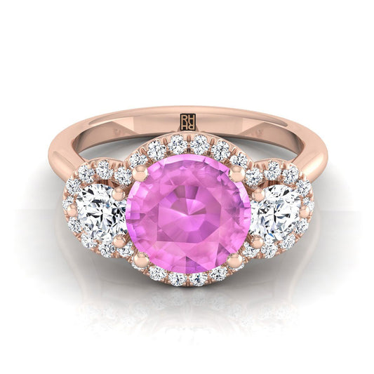 14K Rose Gold Round Brilliant Pink Sapphire French Pave Diamond Three Stone Engagement Ring -1/2ctw