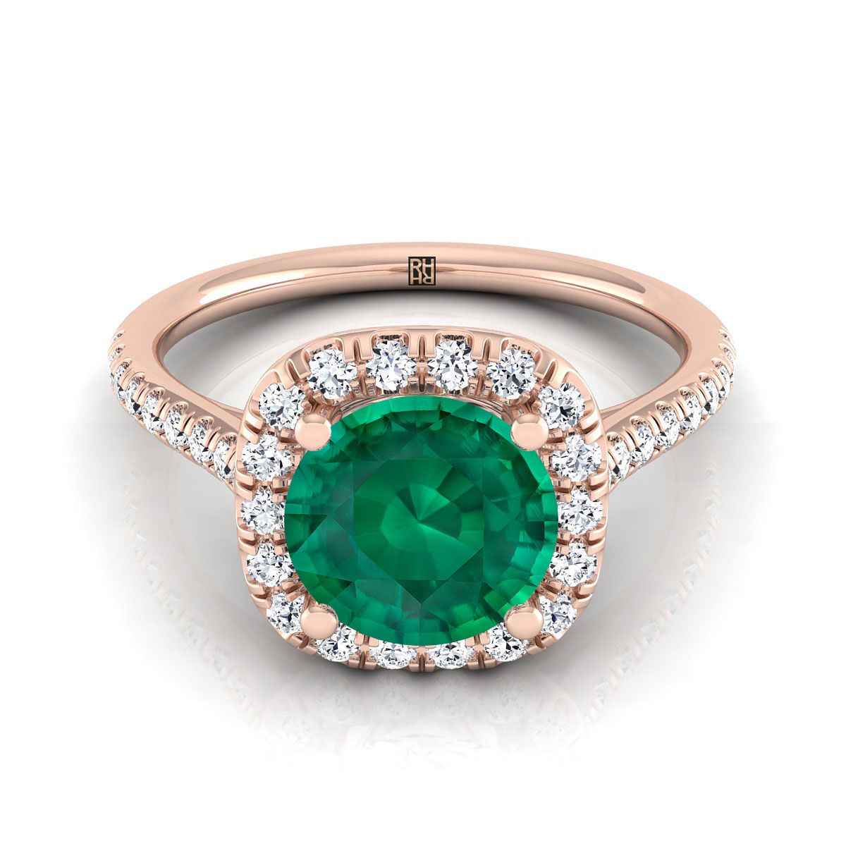 14K Rose Gold Round Brilliant Emerald Simple Prong Set Halo Engagement Ring -1/3ctw