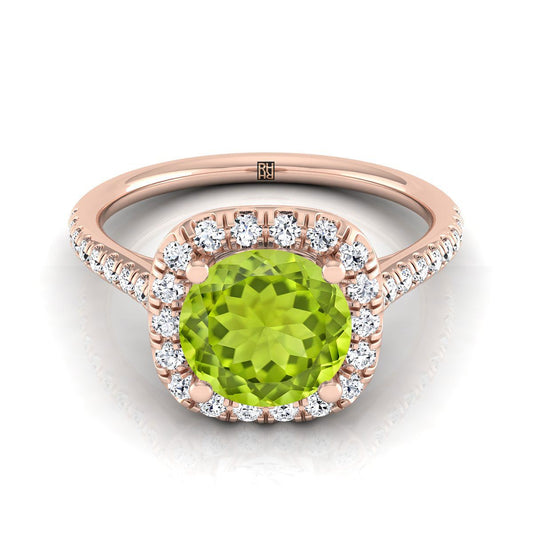 14K Rose Gold Round Brilliant Peridot Simple Prong Set Halo Engagement Ring -1/3ctw