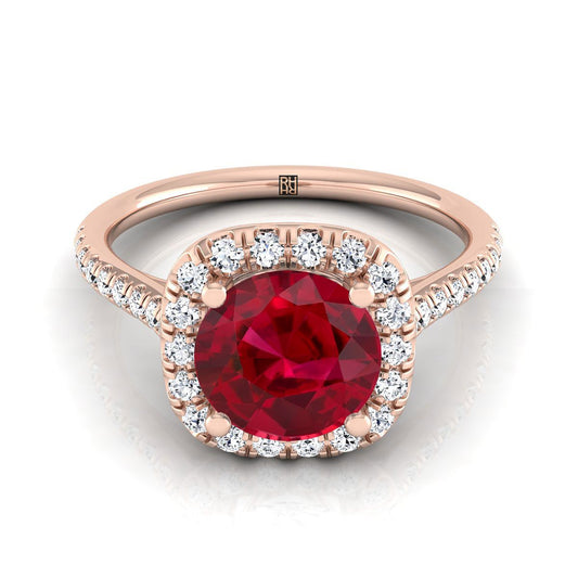14K Rose Gold Round Brilliant Ruby Simple Prong Set Halo Engagement Ring -1/3ctw