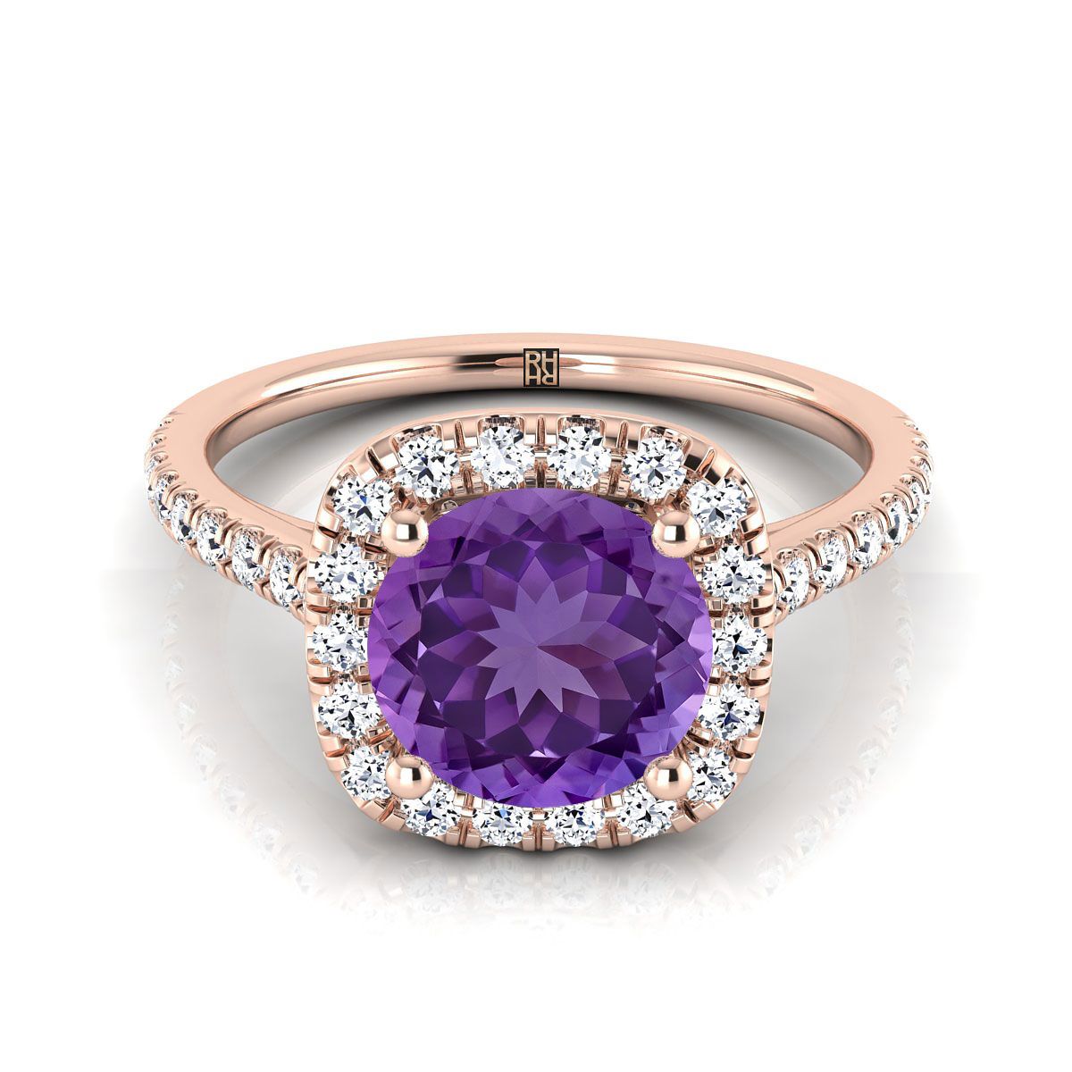 14K Rose Gold Round Brilliant Amethyst Halo Diamond Pave Engagement Ring -1/3ctw