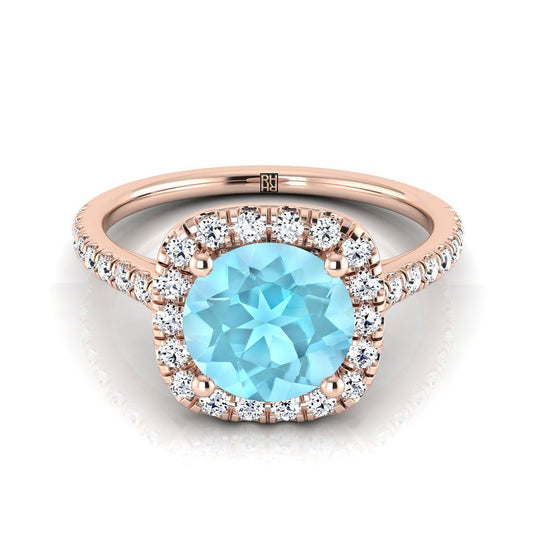 14K Rose Gold Round Brilliant Aquamarine Halo Diamond Pave Engagement Ring -1/3ctw