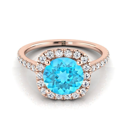 14K Rose Gold Round Brilliant Swiss Blue Topaz Halo Diamond Pave Engagement Ring -1/3ctw