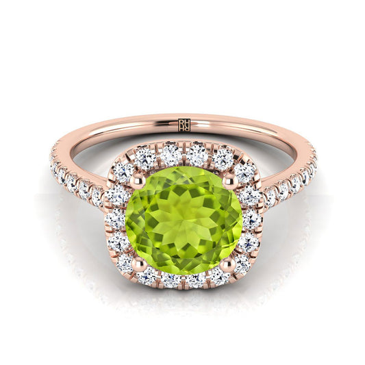 14K Rose Gold Round Brilliant Peridot Halo Diamond Pave Engagement Ring -1/3ctw