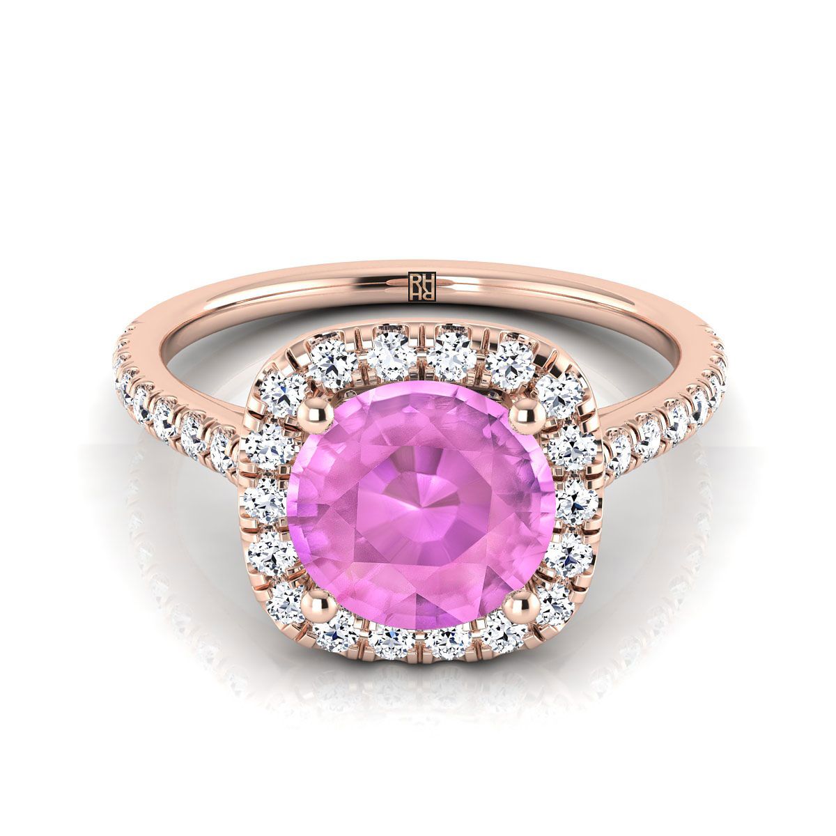 14K Rose Gold Round Brilliant Pink Sapphire Halo Diamond Pave Engagement Ring -1/3ctw