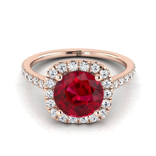 14K Rose Gold Round Brilliant Ruby Halo Diamond Pave Engagement Ring -1/3ctw