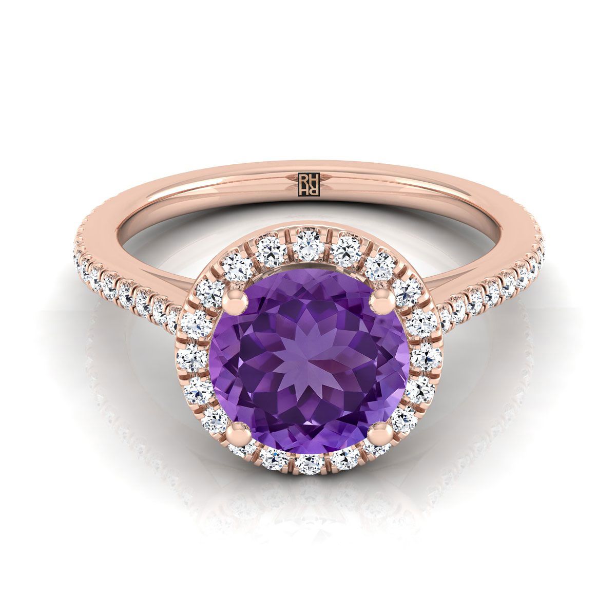 14K Rose Gold Round Brilliant Classic French Pave Halo and Linear Engagement Ring -1/4ctw