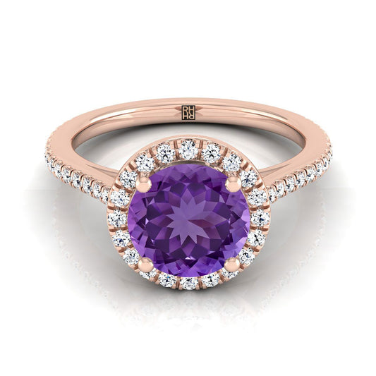 14K Rose Gold Round Brilliant Classic French Pave Halo and Linear Engagement Ring -1/4ctw