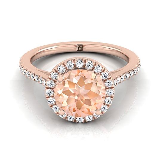 14K Rose Gold Round Brilliant Classic French Pave Halo and Linear Engagement Ring -1/4ctw