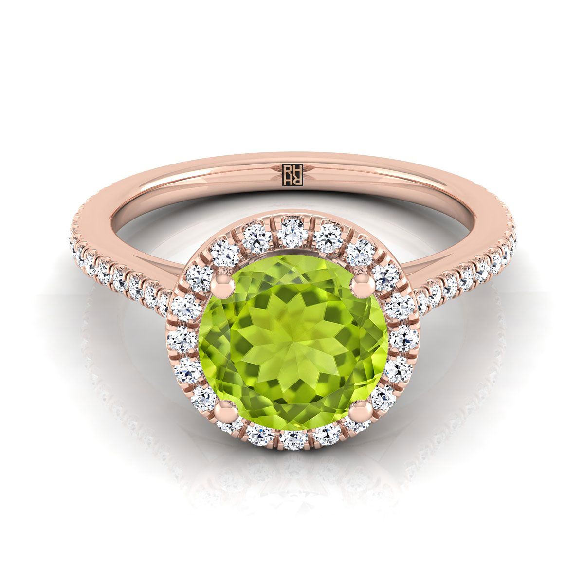 14K Rose Gold Round Brilliant Classic French Pave Halo and Linear Engagement Ring -1/4ctw